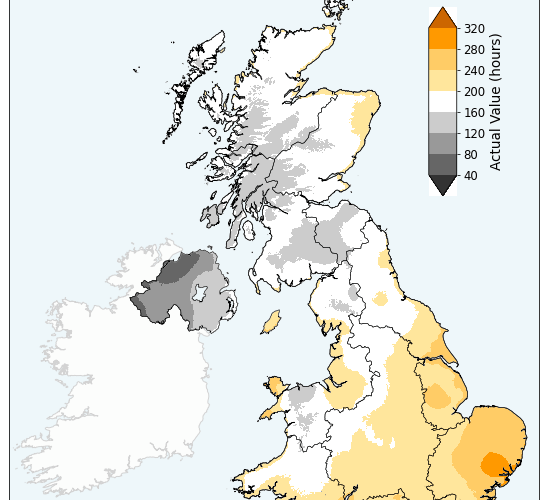 actual sunshine hours per area in the UK