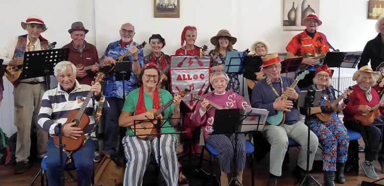 All@C: the Bude Ukulele Band visited the Thursday Friendship Group at Bodmin Street Methodist Church to share their songs