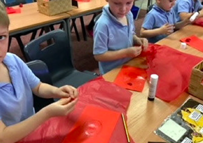 Students made their own poppies for the school’s Remembrance service, along with poppy lanterns 