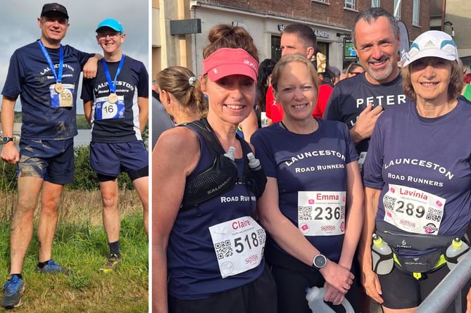 Left: Andrew Simpson and Mark Simpson at the Roadford Reservoir Charity Run. Right: Claire Winfield, Emma James, Peter James and Lavinia Marshall at the Truro Half Marathon. Pictures: Launceston Road Runners