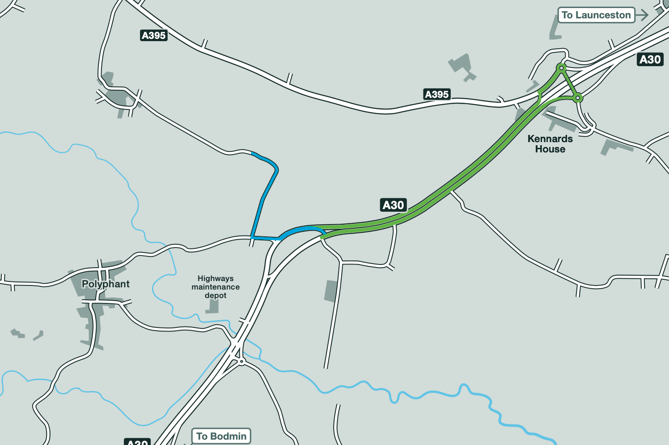 Blue line (Existing route to A30 and central reserve gap movement), Green line (Proposed new route - all vehicles)