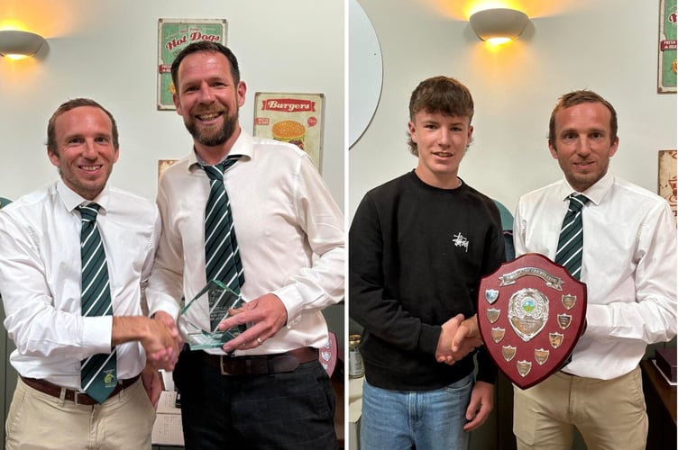 The father and son duo of Lyndon and Rory Piper received awards from chairman Ryan Walter. Lyndon (left) as batsman of the year in the seconds, while Rory was the recipient of the Malcolm Woodward Shield, given as the young player of the year. Pictures: Holsworthy CC