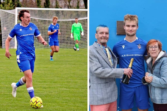 Half-time sub Ruan Tape was one of several to make an impact after coming on, while right, James Wheeler is pictured with his man of the match award for the home side from match sponsors David and Julie Johnson. Pictures: Chris Pointer/Bude Town AFC