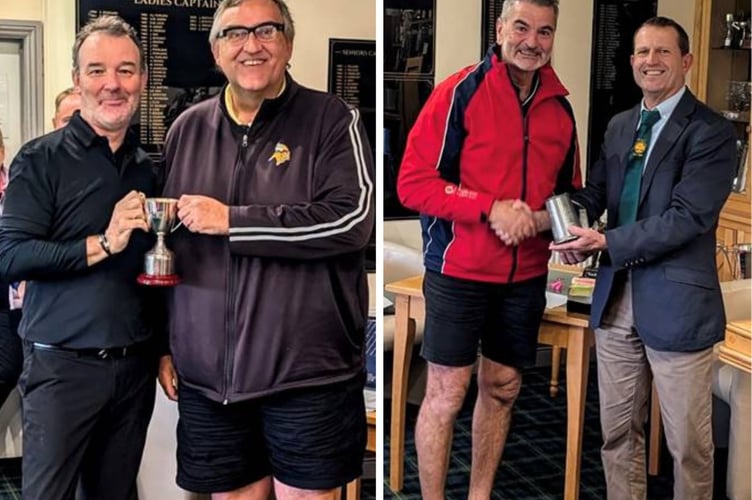 LEFT: Holsworthy Foursomes, winners Roger Pope and Karl Palmer, who will now represent the club in the National Daily Mail Foursomes competition. RIGHT: Richard Jones (pictured with club captain Mark Brumham) won the The Greenkeepers Tankard alongside Paddy Ford. Picture: Holsworthy Golf Club