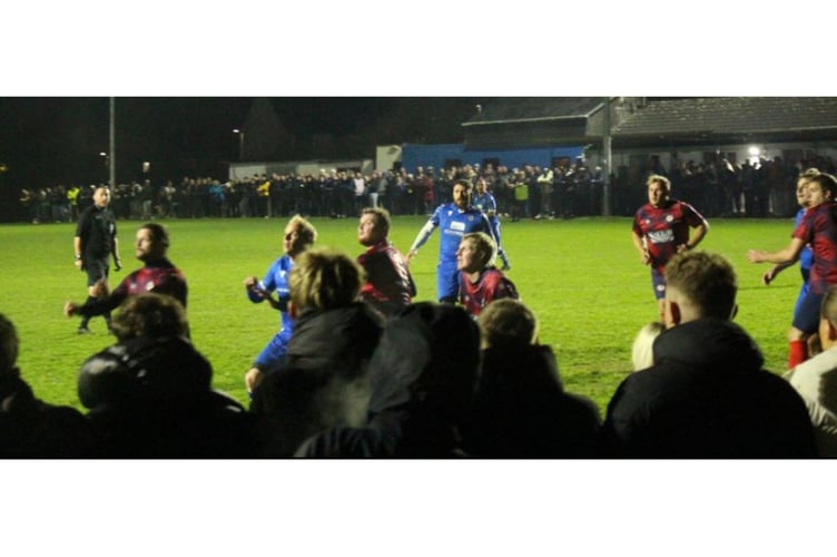 All eyes on the ball as Bradworthy prepare to defend a ball into their box. Picture: Bude Town AFC