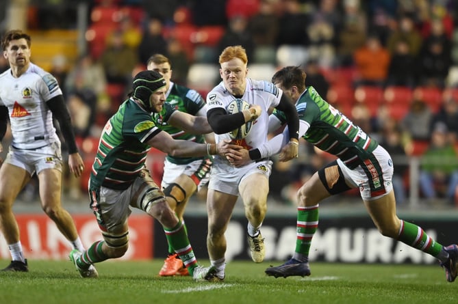 Exeter Chiefs winger Ben Hammersley looks to find a way past Leicester Tigers duo Harry Wells and Handre Pollard during their Gallagher Premiership encounter