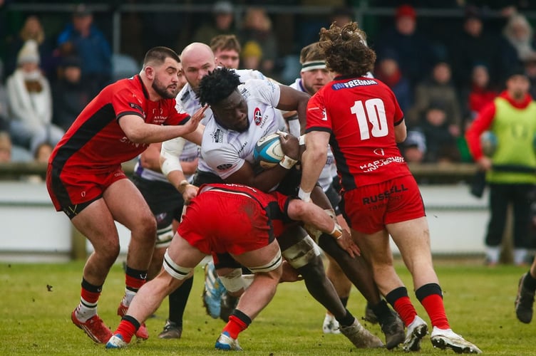 Cornish Pirates forward Tomi Agbongbon looks to break through the Hartpury defence during their Championship clash